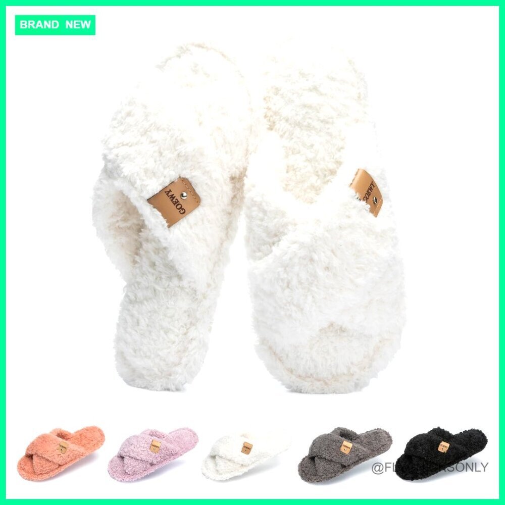 Open Toe Memory Foam Slippers with Faux Fur for Women Indoor Outdoor